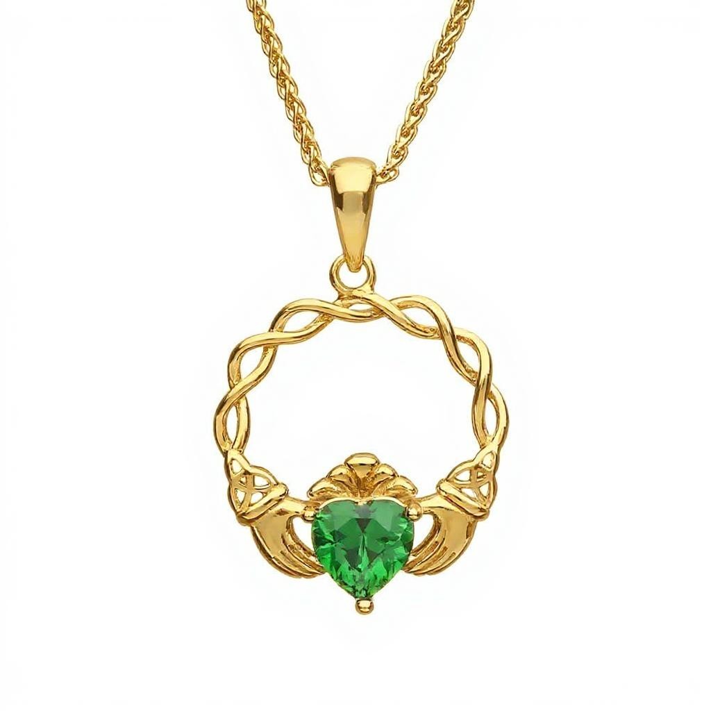 14K Gold Vermeil Green CZ Claddagh Pendant Chain - Image 4