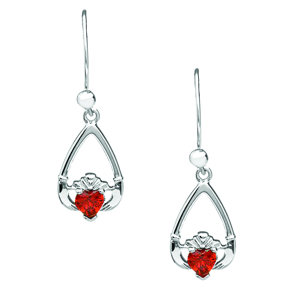 January-Garnet Birthstone Claddagh Earrings Chain