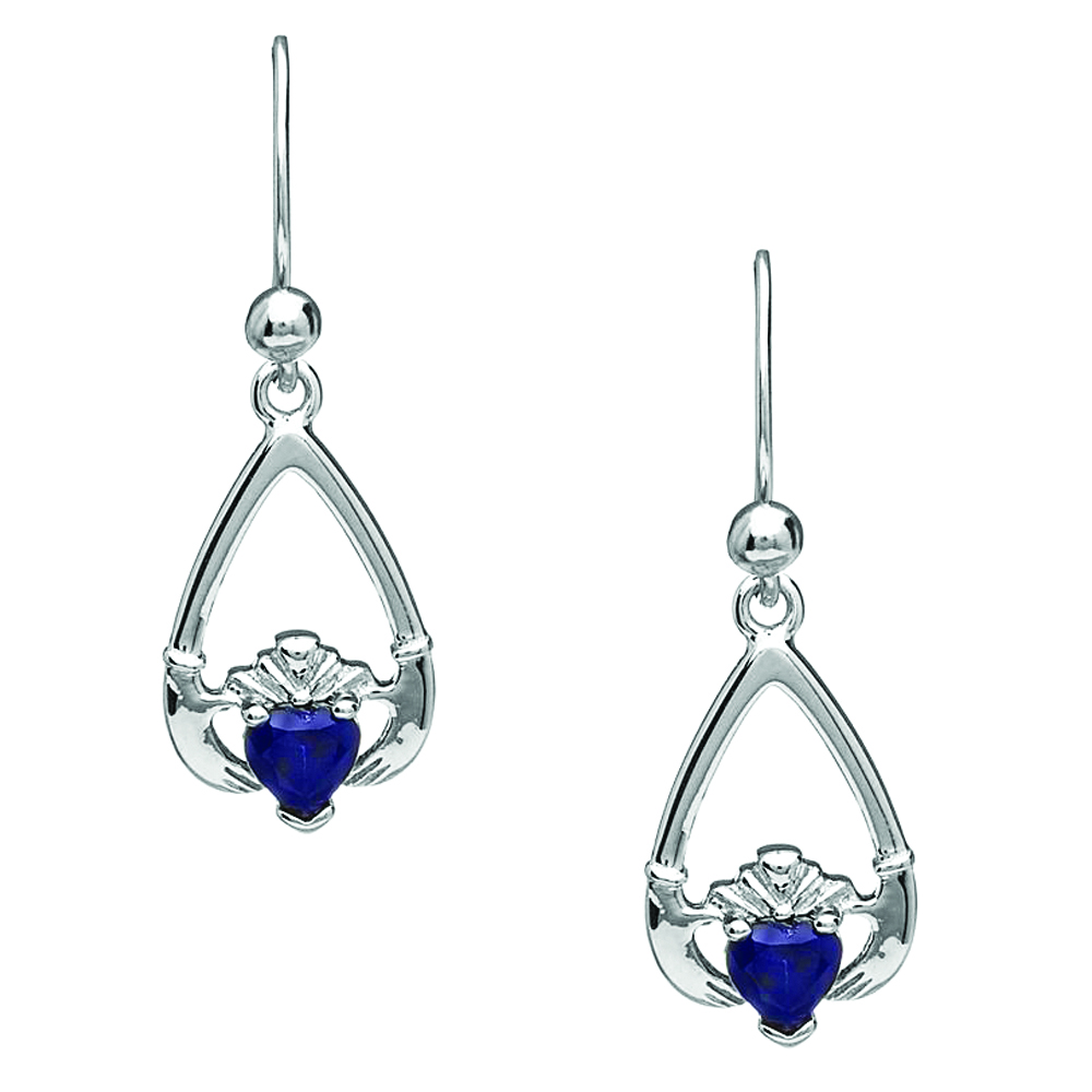 September-Blue Sapphire Birthstone Claddagh Earrings Chain - Image 2
