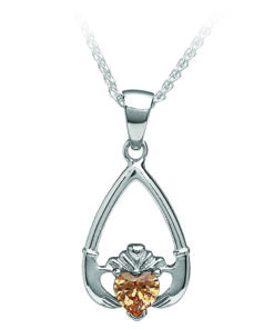 November-Citrine Birthstone Claddagh Pendant 18" Curb Chain