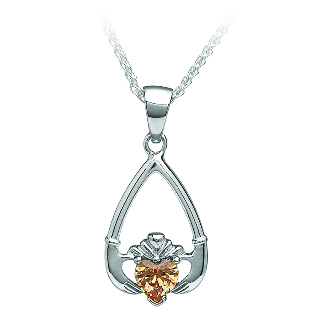 November-Citrine Birthstone Claddagh Pendant 18" Curb Chain