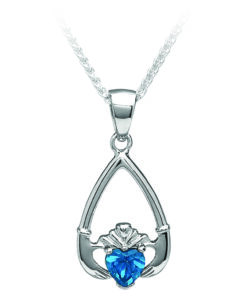 December-Blue Topaz Birthstone Claddagh Pendant 18" Curb Chain