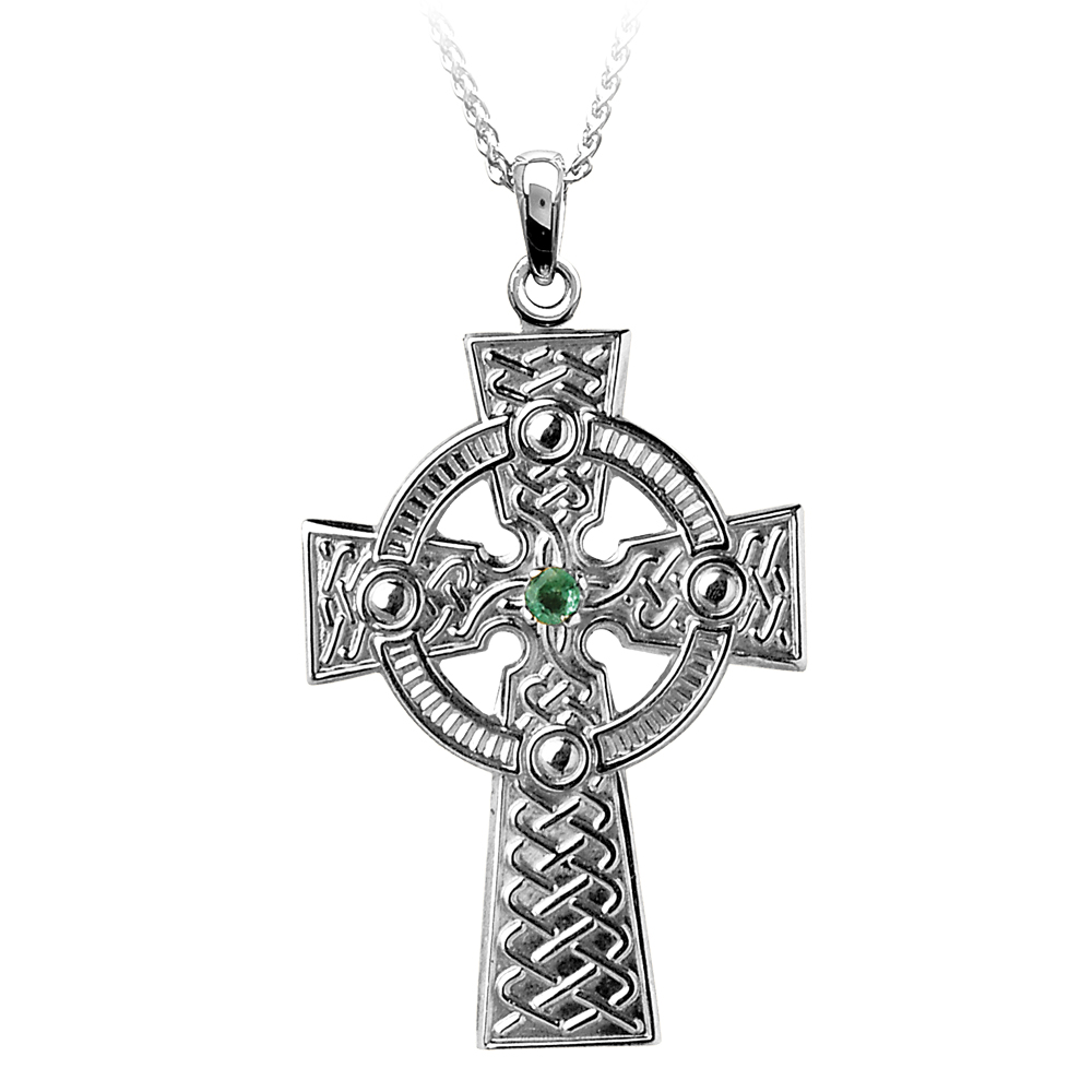 Celtic Knot Cross Pendant with Emerald Set x 1 Stone Chain - Image 2