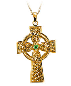 Celtic Knot Cross Pendant with Emerald Set x 1 Stone Chain