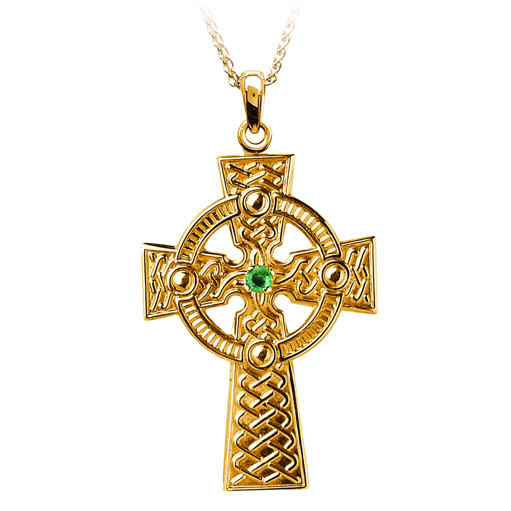 Celtic Knot Cross Pendant with Emerald Set x 1 Stone Chain