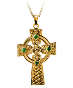 Celtic Knot Cross Pendant with Emerald Set x 4 Stone Chain