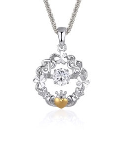 Silver Claddagh & Shamrock Dancing Stone Pendant Chain