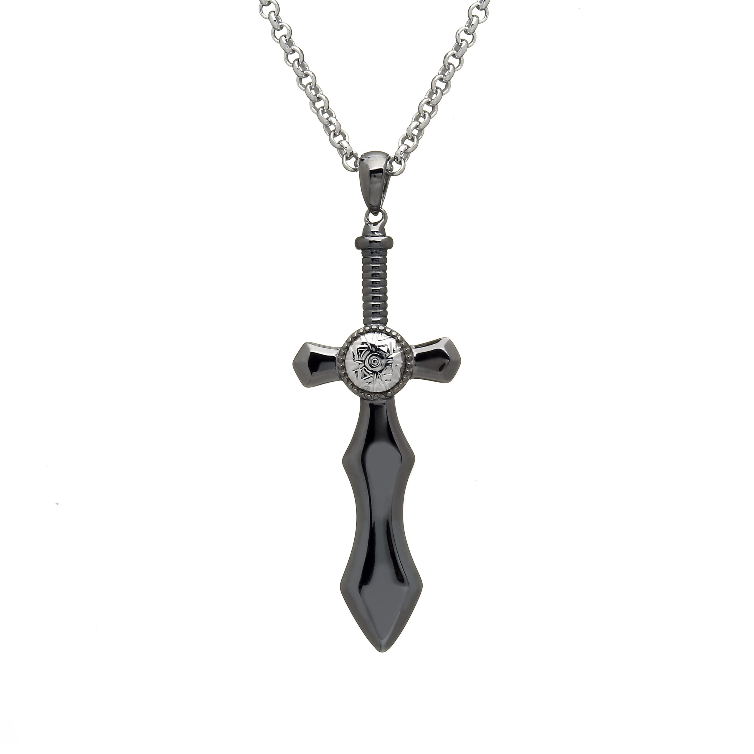 Silver Black Rhodium Sword Cross Pendant Chain