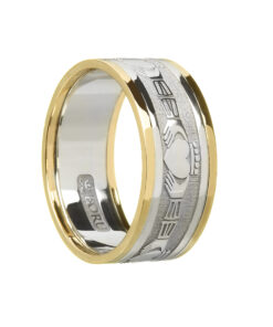 Gents Claddagh Wedding Ring White Gold with Yellow Trim