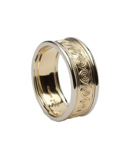 Gents Celtic Spirals Wedding Ring Yellow Gold with White Trim
