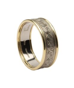 Gents Celtic Spirals Wedding Ring White Gold with Yellow Trim
