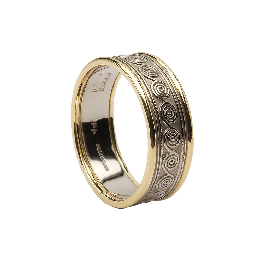 Gents Celtic Spirals Wedding Ring White Gold with Yellow Trim