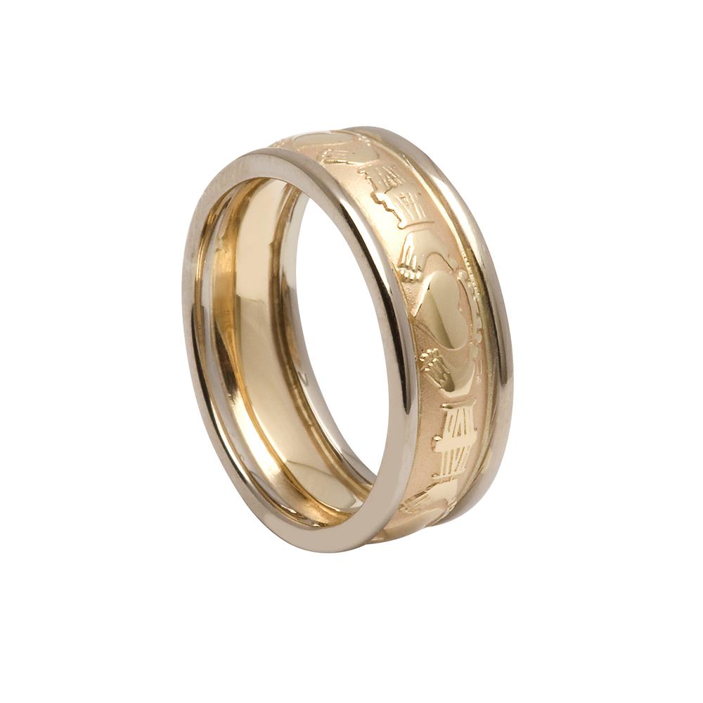 Ladies Claddagh Wedding Ring Court Shape Yellow Gold with White Trim