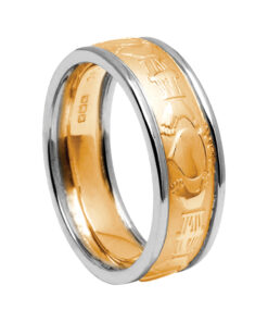 Gents Claddagh Wedding Ring Court Shape Yellow Gold with White Trim