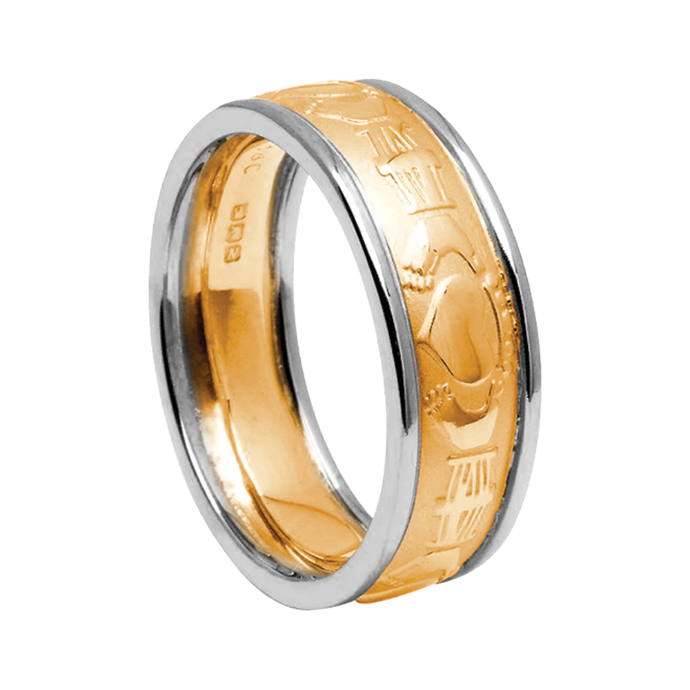 Gents Claddagh Wedding Ring Court Shape Yellow Gold with White Trim