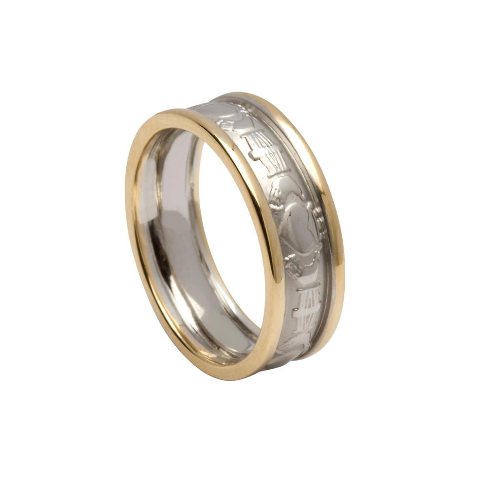 Ladies Claddagh Wedding Ring Court Shape White Gold with Yellow Trim