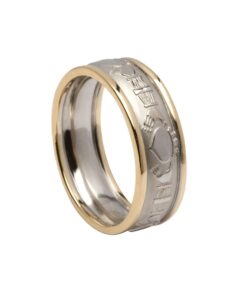 Gents Claddagh Wedding Ring Court Shape White Gold with Yellow Trim
