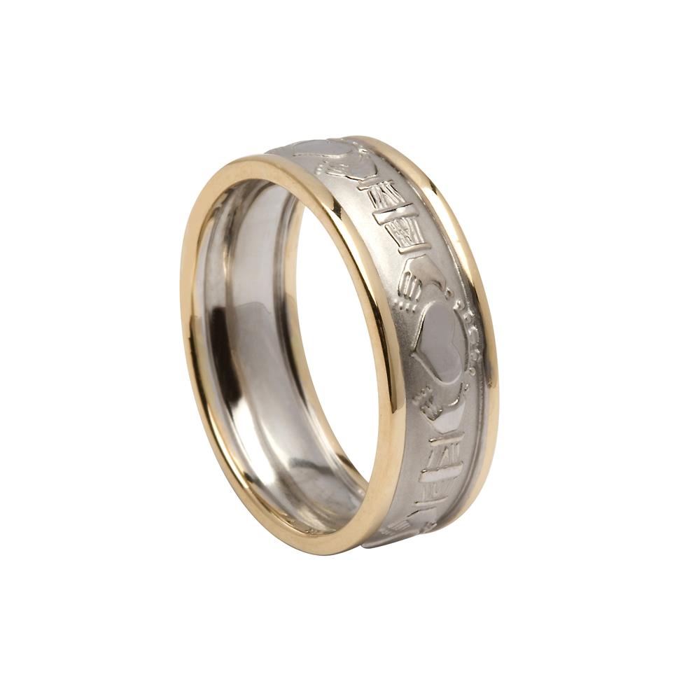 Gents Claddagh Wedding Ring Court Shape White Gold with Yellow Trim
