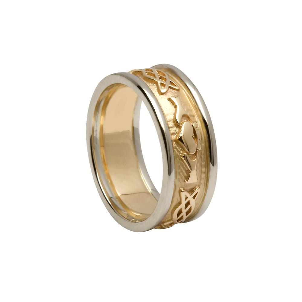 Ladies Claddagh Wedding Ring Celtic Knot Yellow Gold with White Trim