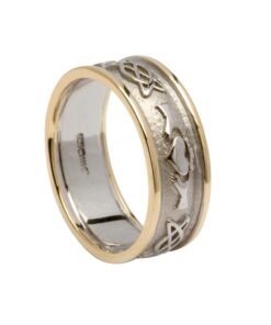 Ladies Claddagh Wedding Ring Celtic Knot White Gold with Yellow Trim