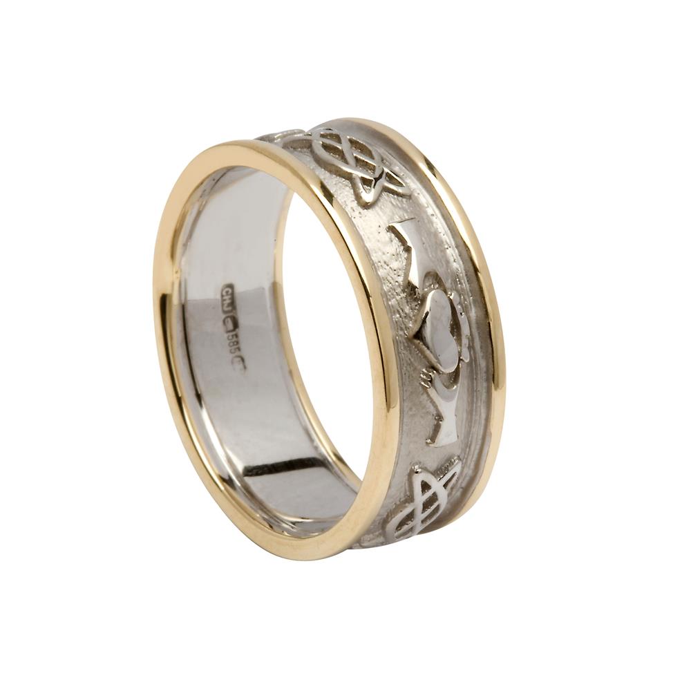 Ladies Claddagh Wedding Ring Celtic Knot White Gold with Yellow Trim