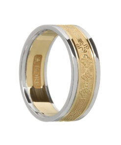 Ladies Celtic Cross Wedding Ring Yellow Gold with White Trim