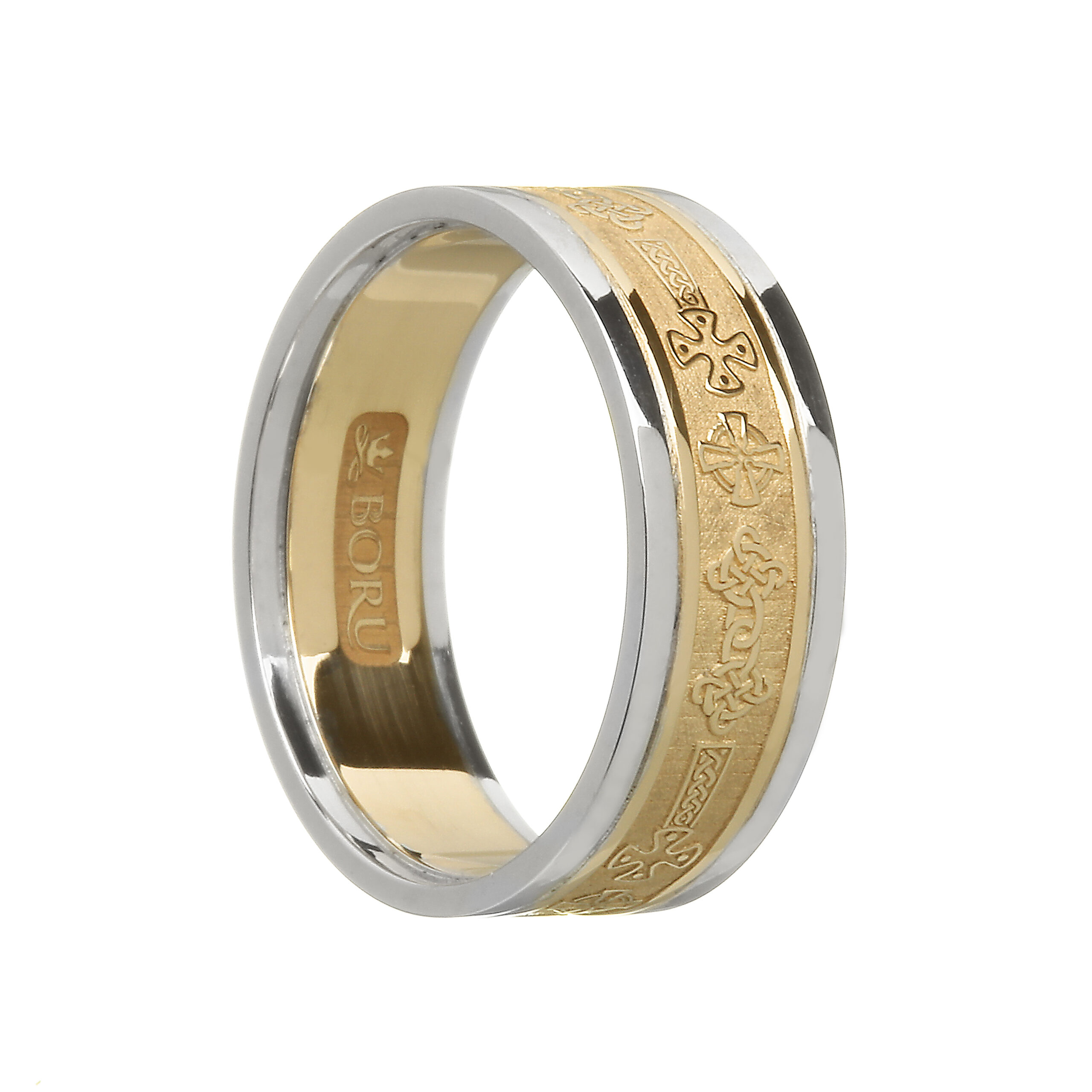 Ladies Celtic Cross Wedding Ring Yellow Gold with White Trim