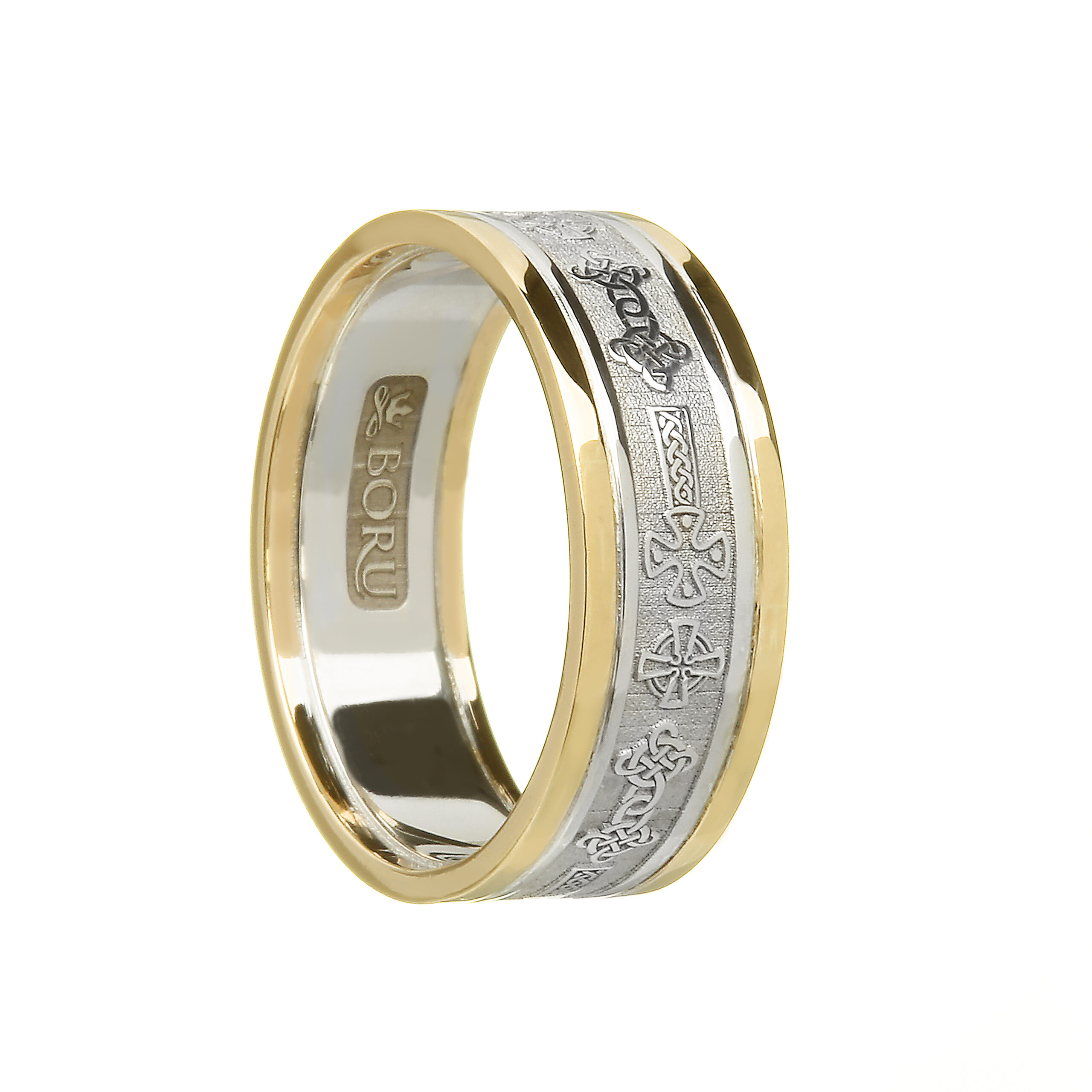 Ladies Celtic Cross Wedding Ring White Gold with Yellow Trim