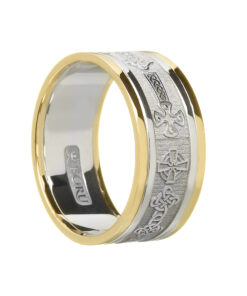 Gents Celtic Cross Wedding Ring White Gold with Yellow Trim