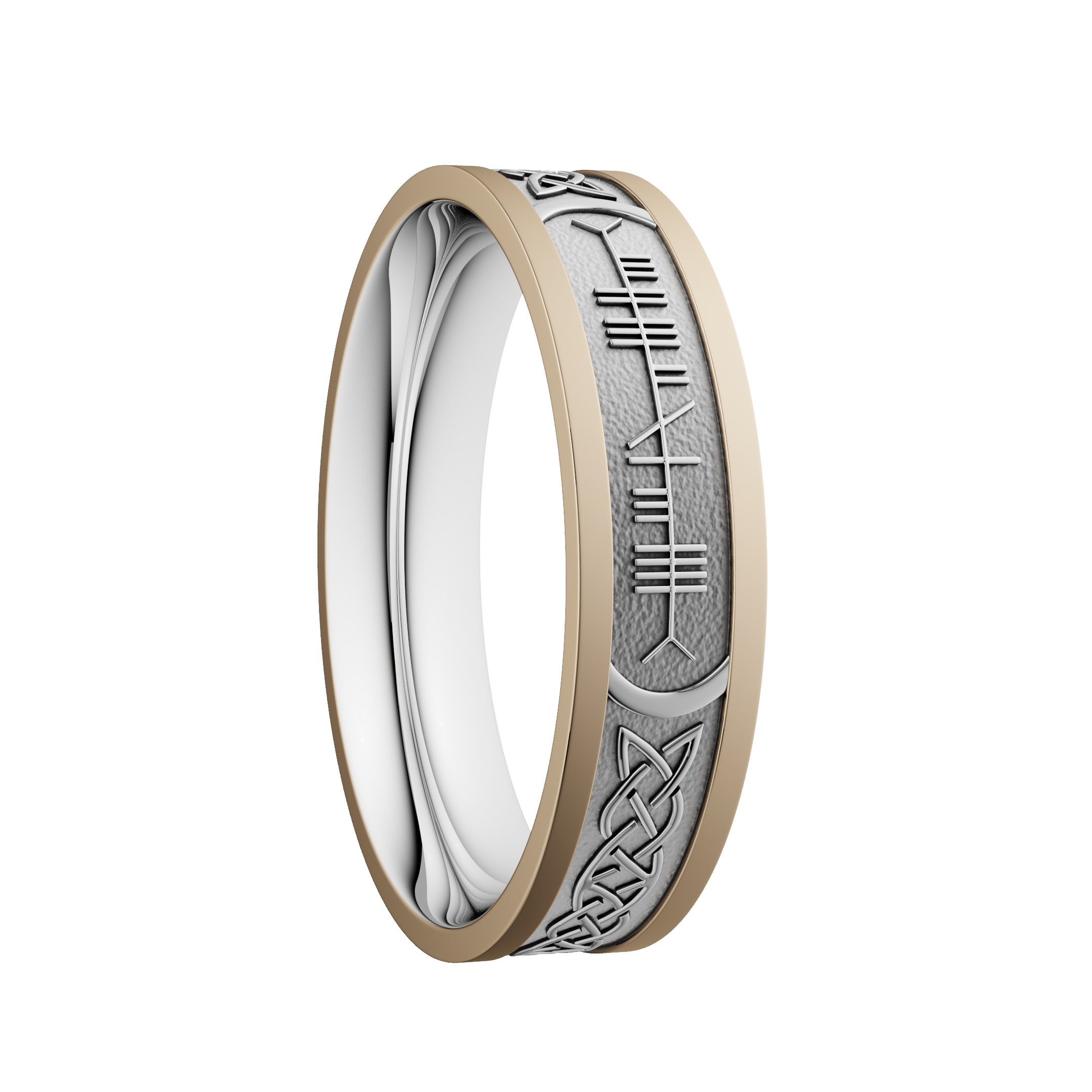 Custom Soul Mate Ogham Wedding Ring 6.5mm White Centre with Yellow Rails