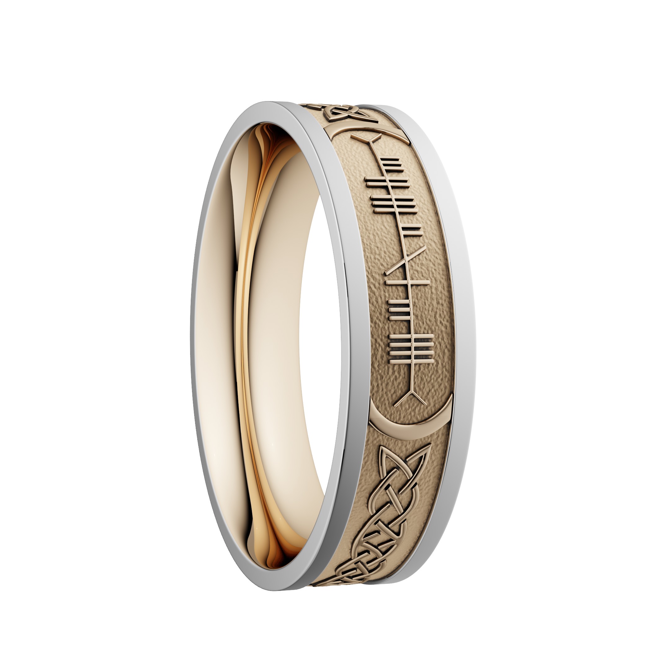Custom Soul Mate Ogham Wedding Ring 6.5mm Yellow Centre with White Rails