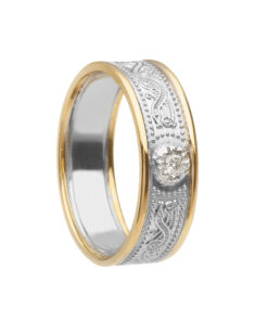 Ladies Warrior Shield Diamond Set Wedding Ring White Gold with Yellow Trim