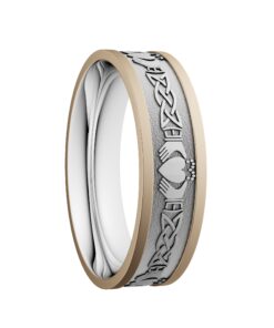 Claddagh & Lovers Knot Wedding Ring 6.5mm White Centre with Yellow Rails