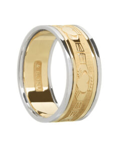 Gents Claddagh Wedding Ring Yellow Gold with White Trim