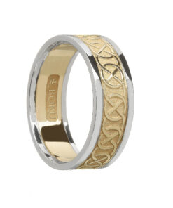 Ladies Celtic Wedding Ring Yellow Gold with White Trim