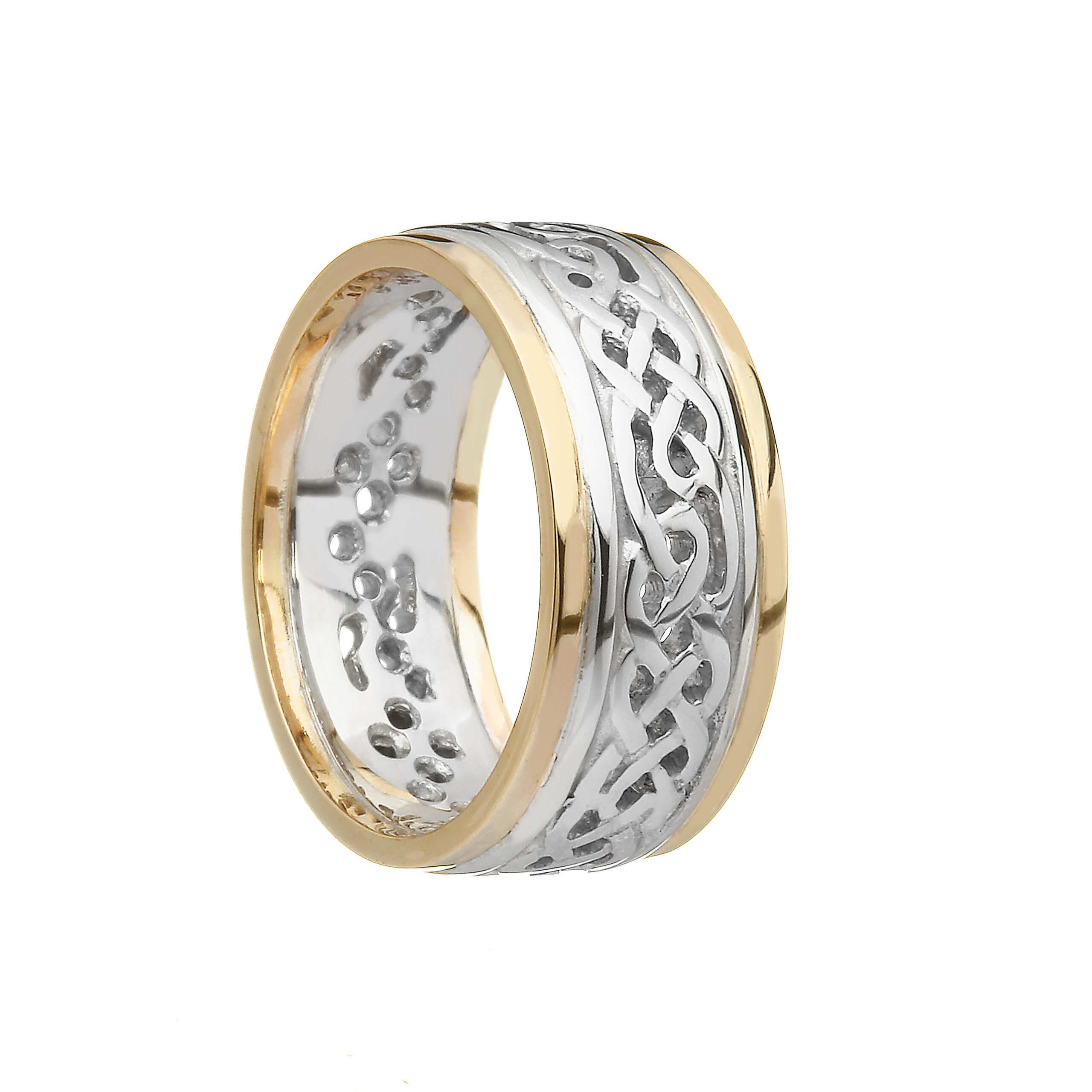 Gents Filigree Celtic Wedding Ring White Gold with Yellow Trim
