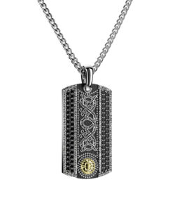 Celtic Warrior Tag Oxidised with 18K Gold Bead and Black Cubic Zirconia