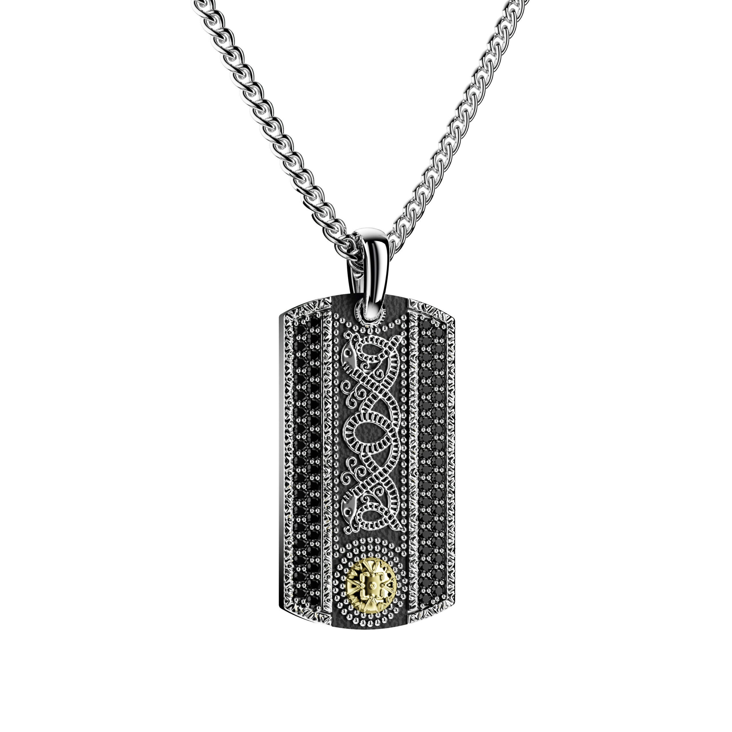 Celtic Warrior Tag Oxidised with 18K Gold Bead and Black Cubic Zirconia